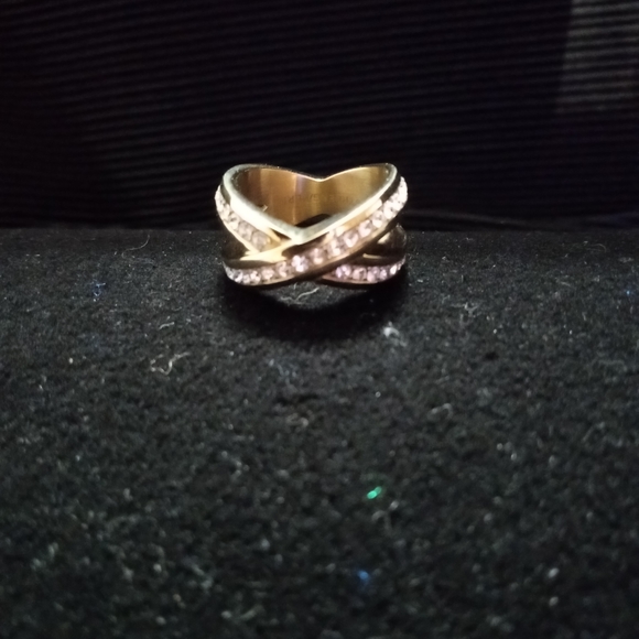 Nagyz ii ring by Dyrberg & Kern brass faceted white crystal with X design sz 5 - Picture 7 of 8